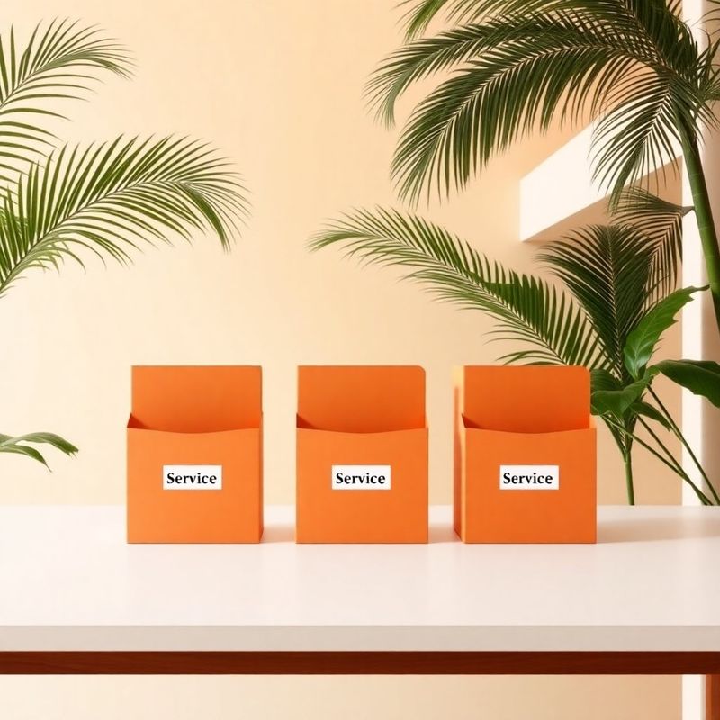 Mesa minimalista com três pastas etiquetadas em terracota representando os planos do estúdio
