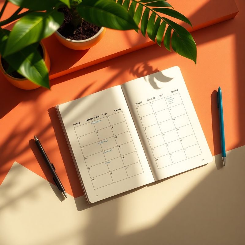 Mesa de trabalho editorial em tons terracota e creme com calendário de conteúdo estruturado