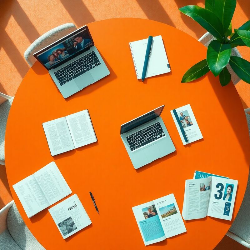 Mesa de reunião em tons terracota com playbooks editoriais impressos e laptop mostrando dashboard de conteúdo